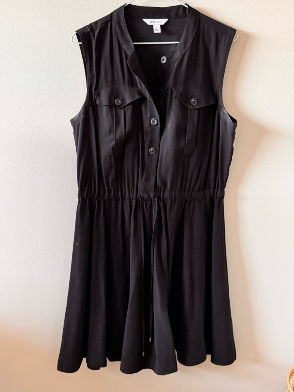 Nine West Black Sleeveless Button-Front Drawstring Mini Dress